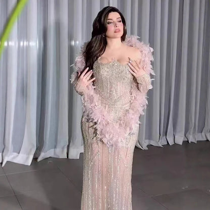 Luxury Caramel Beaded Evening Dress with Feather Sleeves LA73055 - SERENE HILL