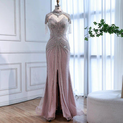 Nude Mermaid Evening Dress with Detachable High Neck Tassel LA72891A - SERENE HILL
