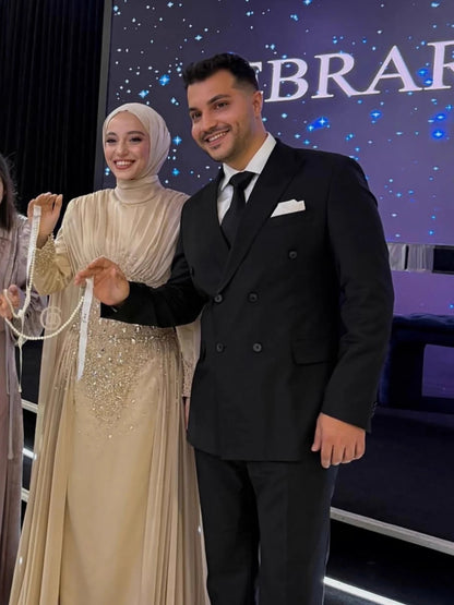 Luxury Caramel Crystal Beaded Mermaid Muslim Evening Dress LA73427 - SERENE HILL
