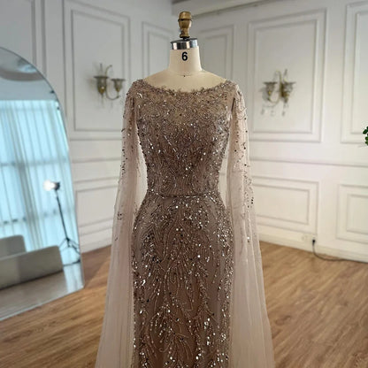 Luxury Caramel Beaded Evening Dress with Cape Sleeves LA73078 - SERENE HILL