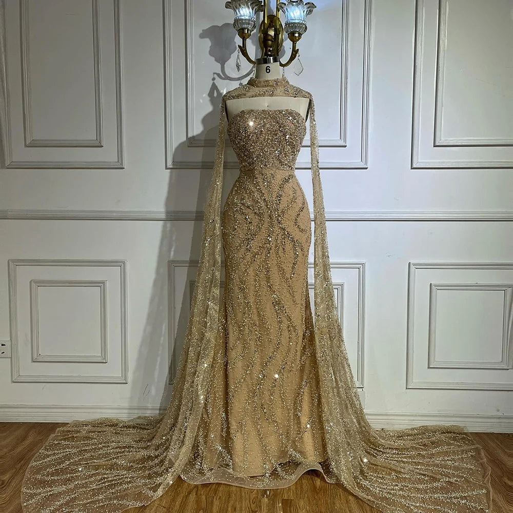 Luxury Nude Beaded Evening Dress with Cape Sleeves LA72824 - SERENE HILL