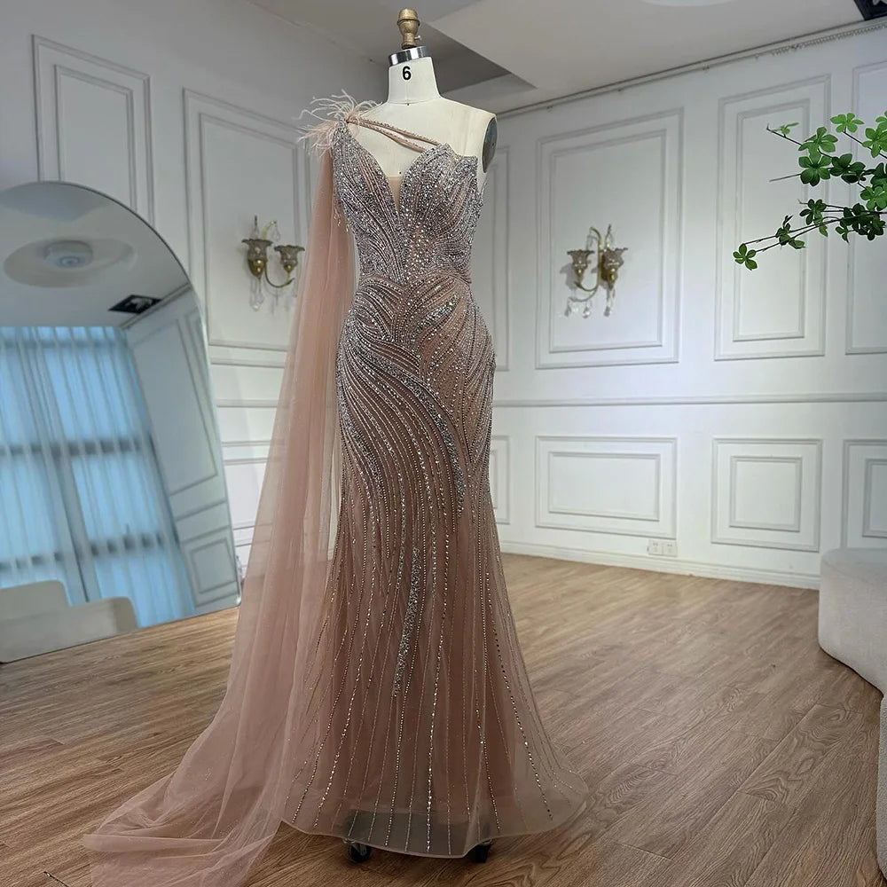 Luxury Caramel One Shoulder Beaded Mermaid Evening Dress LA72895 - SERENE HILL