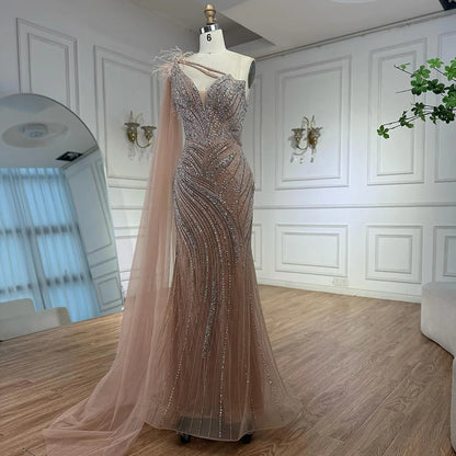 Luxury Caramel One Shoulder Beaded Mermaid Evening Dress LA72895 - SERENE HILL