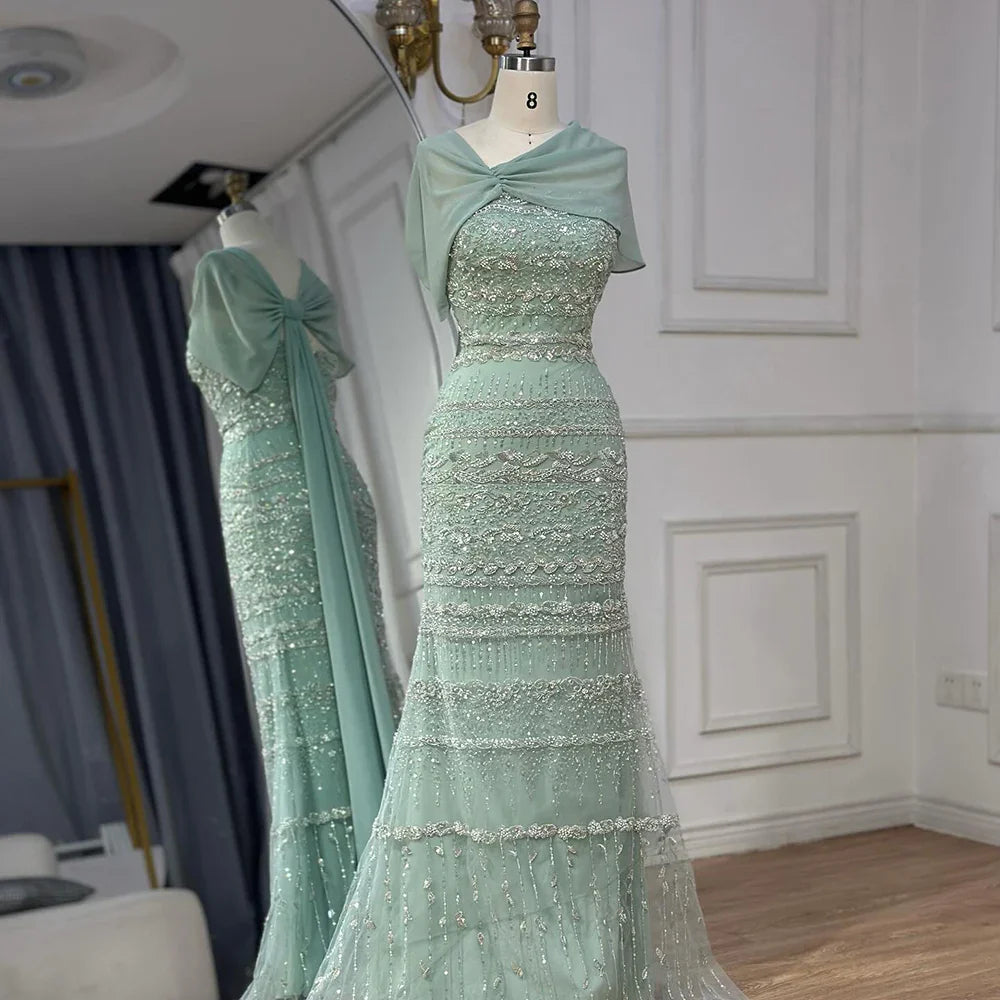 Luxury Sage Green Beaded Evening Dress with Cape LA72126B - SERENE HILL