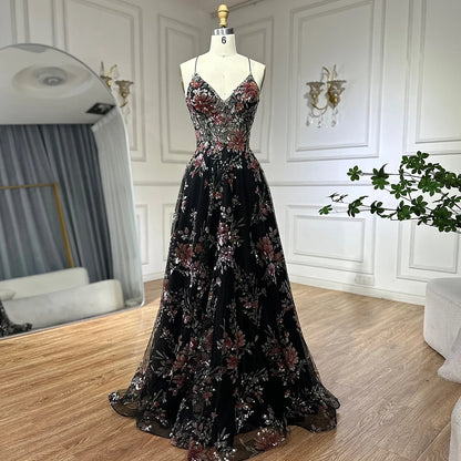 Luxury Dubai Spaghetti Strap A-Line Black Beaded Luxury Prom Dress for Formal Occasion Saudi Arabic LA72773 - SERENE HILL