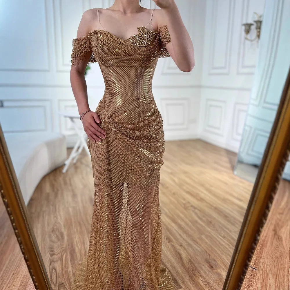 Elegant Nude Off Shoulder Beaded A-Line Evening Dress LA72807A - SERENE HILL