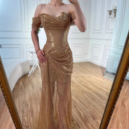 Elegant Nude Off Shoulder Beaded A-Line Evening Dress LA72807A - SERENE HILL