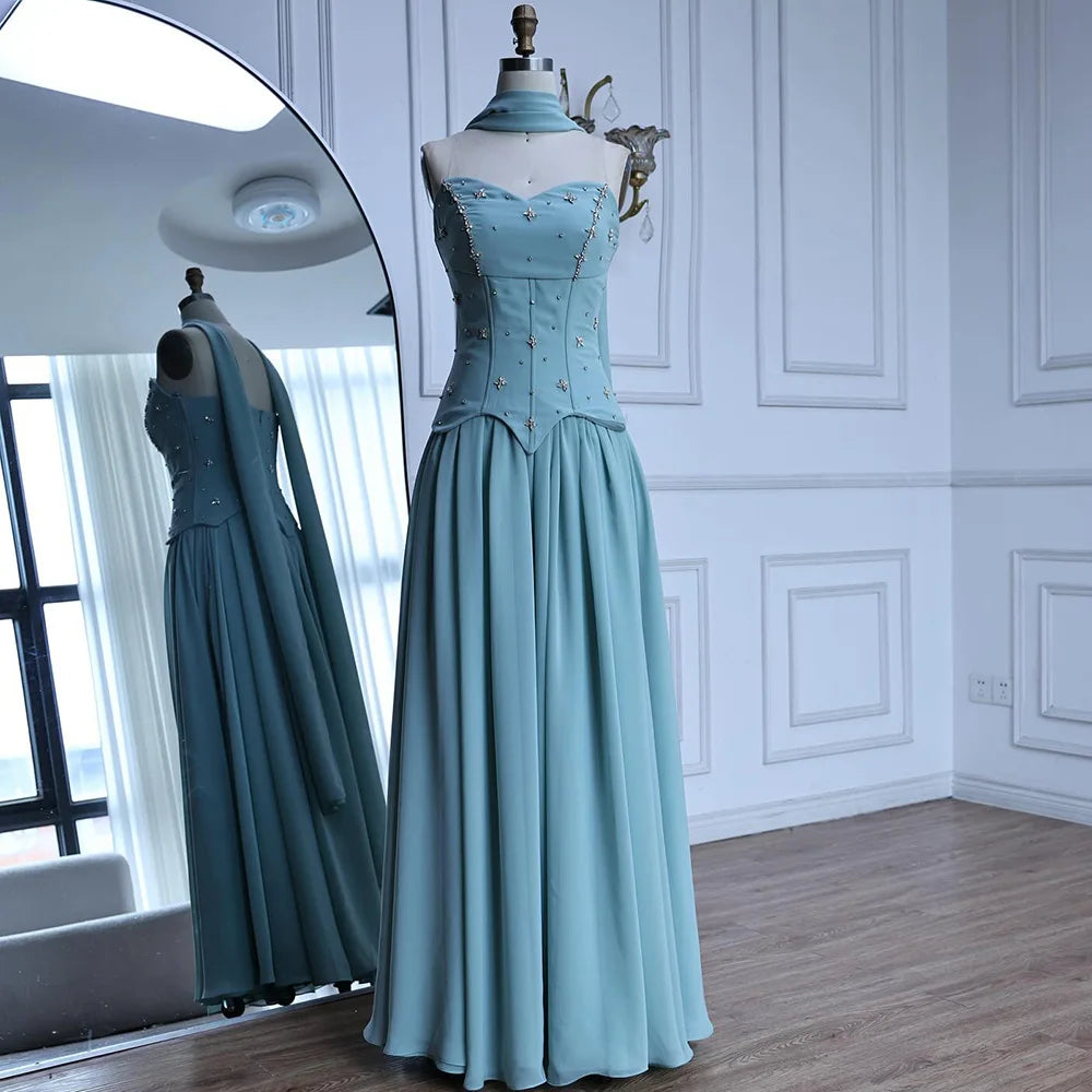 Classy Sage Green A-Line Chiffon Evening Dress LA73073 - SERENE HILL