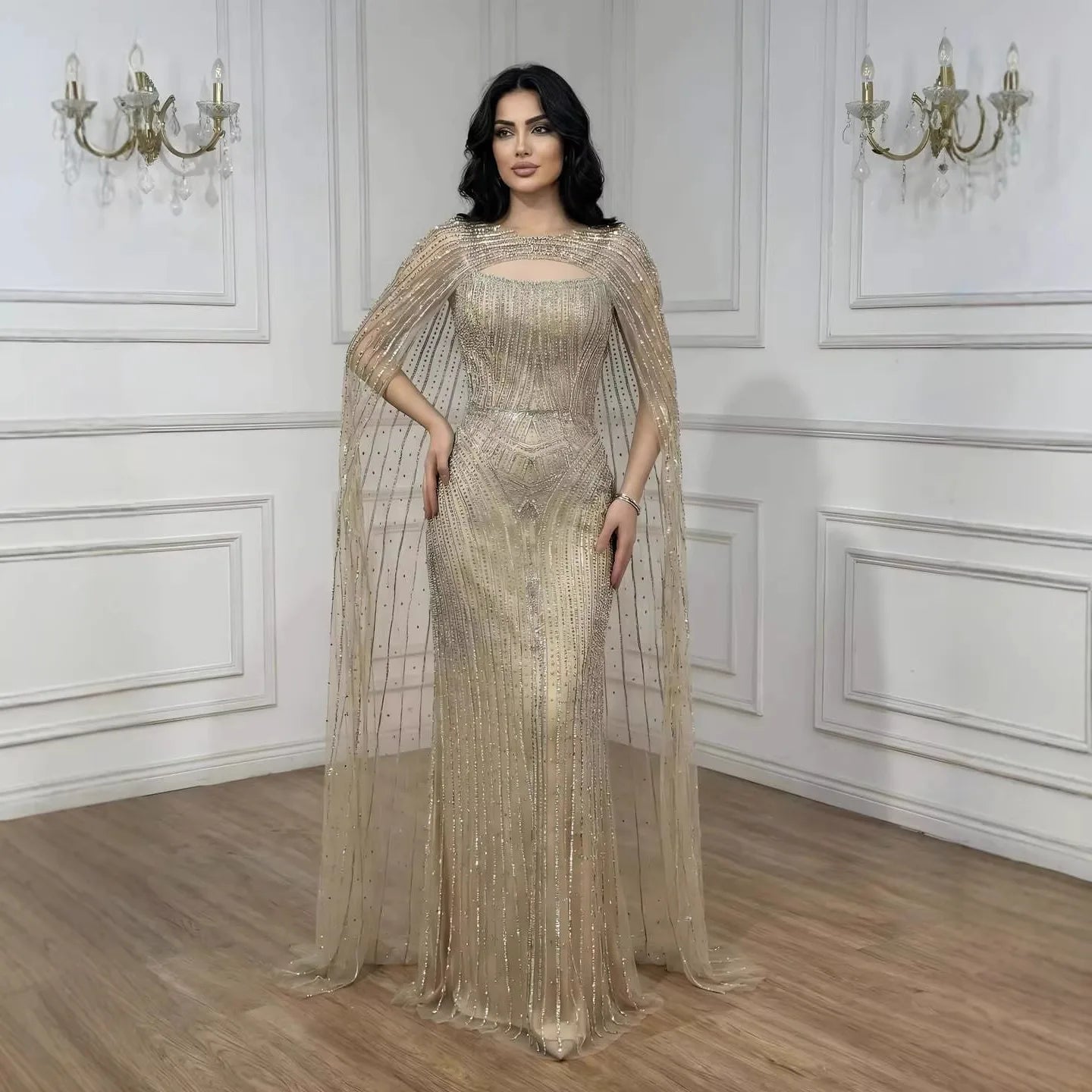 Luxury Blue Diamond Evening Dress With Cape LA73426 - SERENE HILL