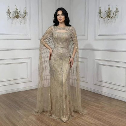 Luxury Blue Diamond Evening Dress With Cape LA73426 - SERENE HILL
