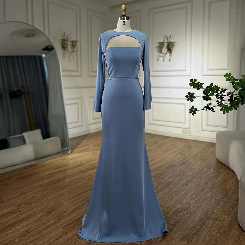 Luxury Dubai Blue Satin Mermaid Evening Dress Lace-Up Back LA72416 - SERENE HILL