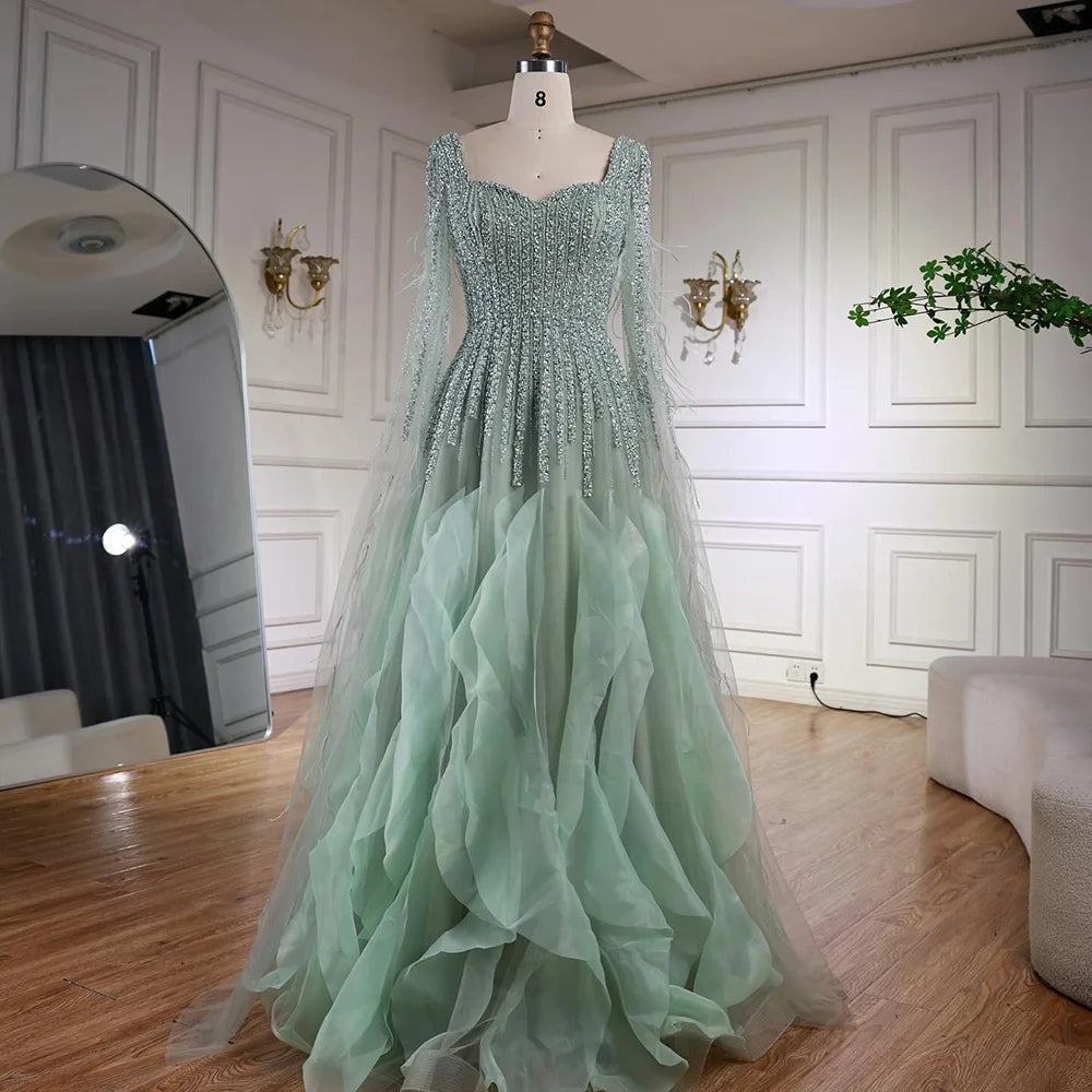 Luxury Sage Green Evening Dress With Cape LA72984 – SERENE HILL