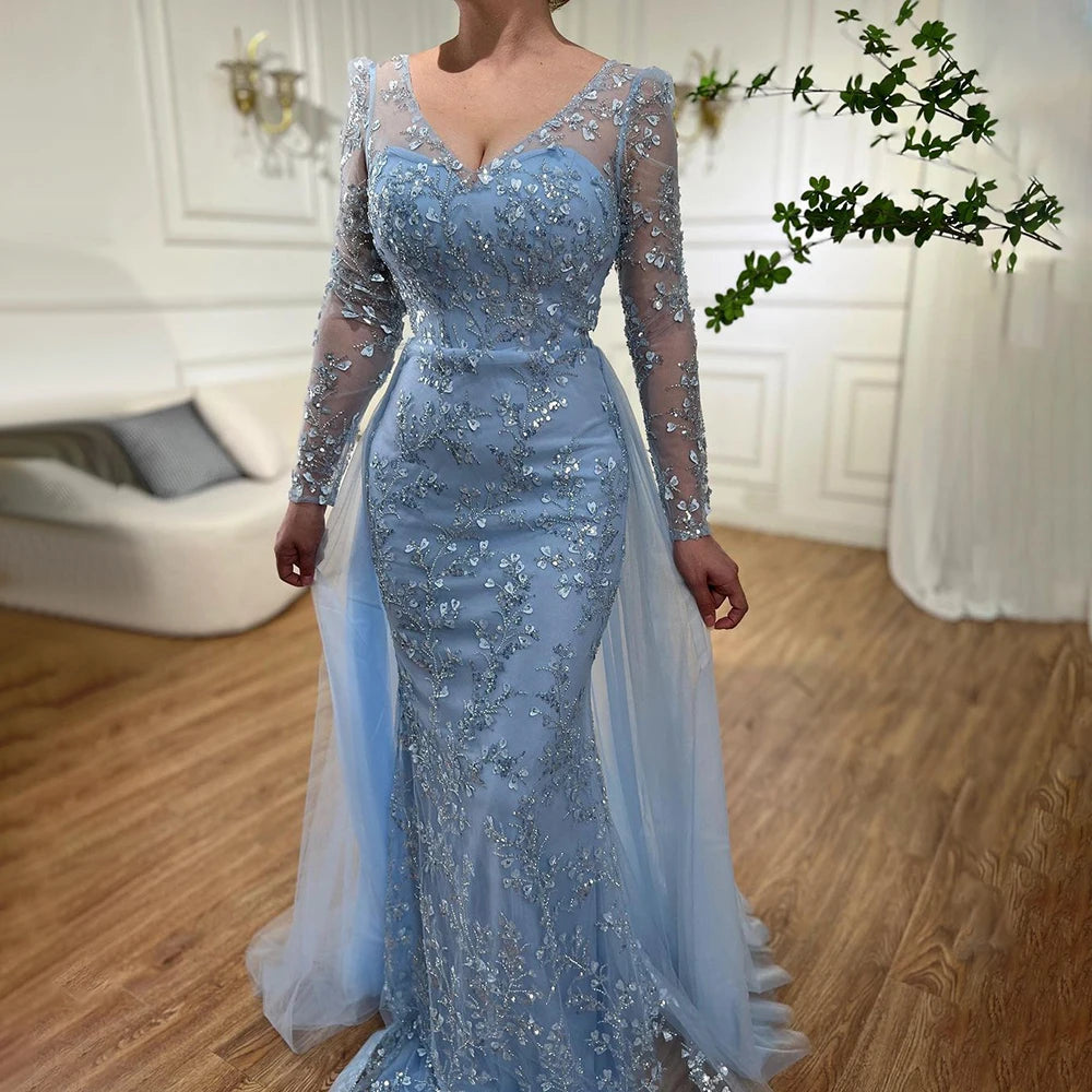 Serene Hill Blue Mermaid Elegant With Train Beaded Luxury Arabic Evening Dresses Gowns For Women Wedding Party 2025 LA71851 - SERENE HILL