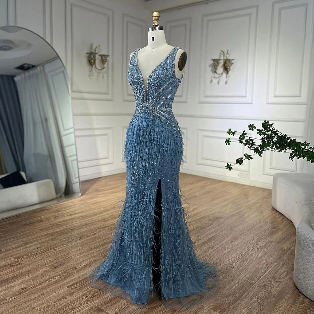 Serene Hill Gold Sexy High Split Mermaid Evening Dresses Gowns Backless Luxury Beaded Feather 2025 For Women Party LA71583 - SERENE HILL