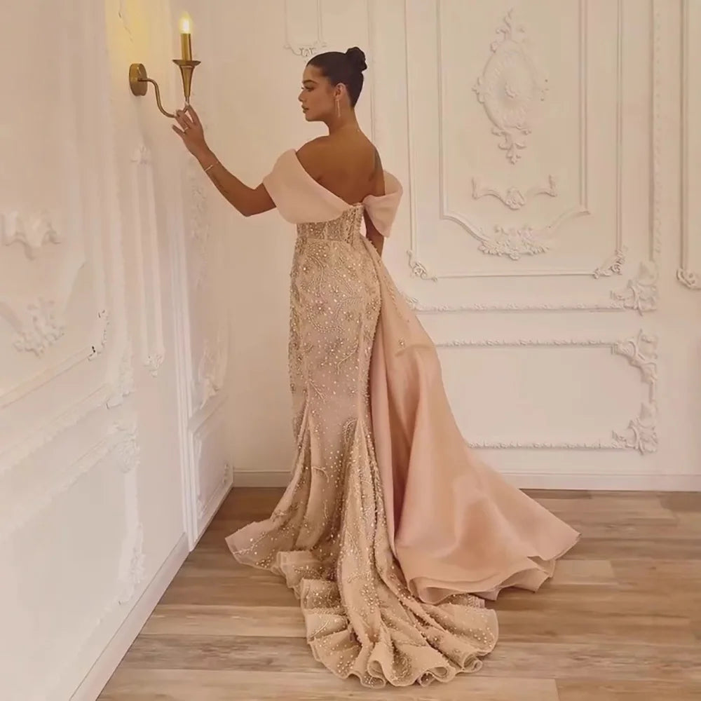 Luxury Nude Off Shoulder Pearl Beaded Mermaid Evening Dress with Overskirt LA73109 - SERENE HILL