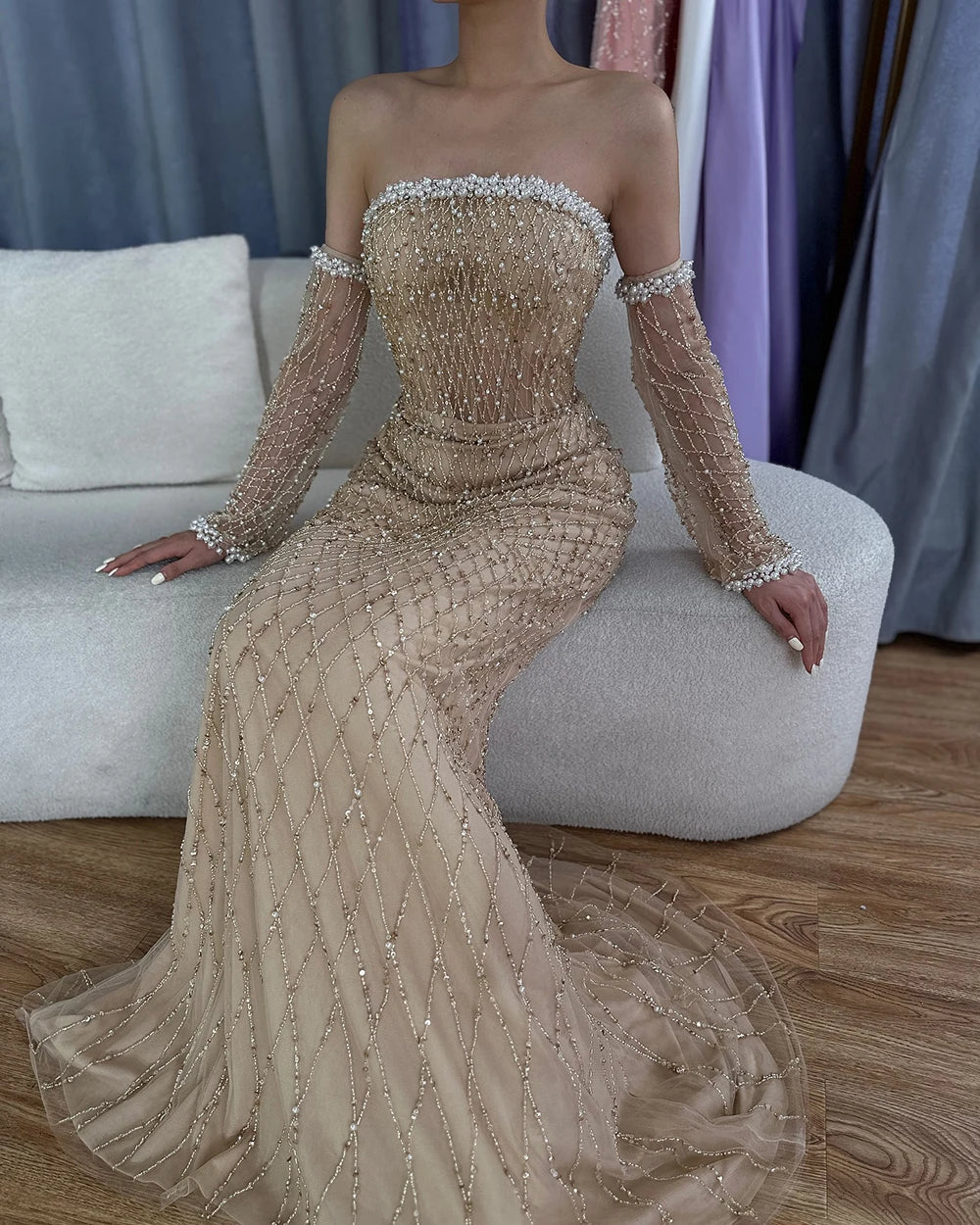 Dubai Elegant White Nude Beaded Evening Dress with Gloves LA72649 White Nude / 4 Dubai Elegant White Nude Beaded Evening Dress with Gloves LA72649 White Nude / 4