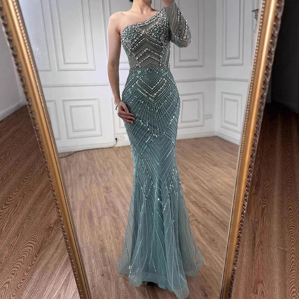 Luxury Nude One Shoulder Long Sleeve Beaded Evening Dress LA73180 - SERENE HILL