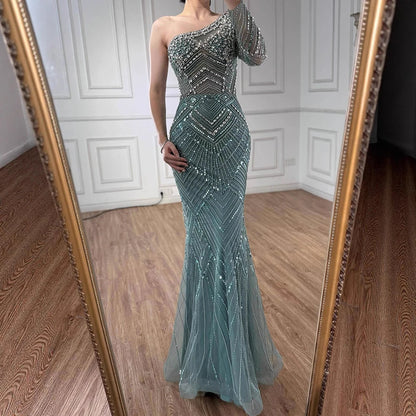 Luxury Nude One Shoulder Long Sleeve Beaded Evening Dress LA73180 - SERENE HILL