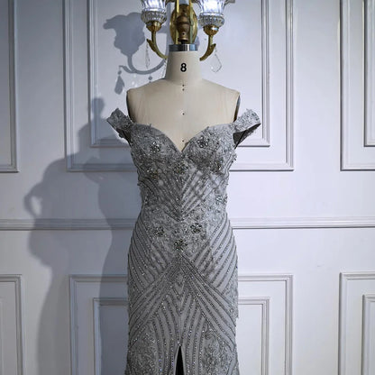 Luxury Silver Gray Off Shoulder Mermaid Evening Dress LA73018 - SERENE HILL