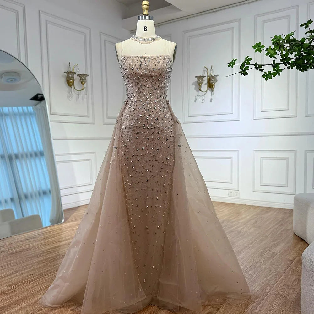 Luxury Arabic Pink Beaded Mermaid Evening Dress with Overskirt LA73084 - SERENE HILL