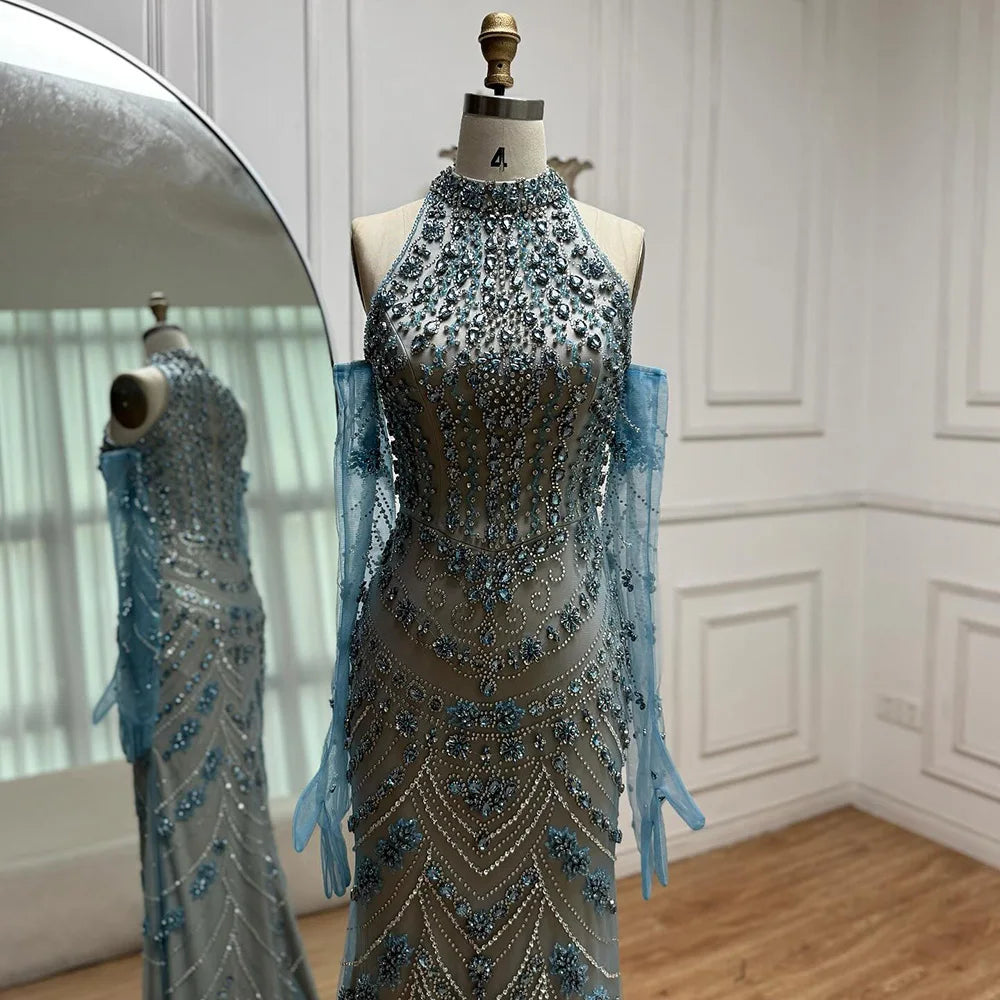 Luxury Dubai Arabic Blue Beaded Evening Dress with Gloves LA72760A - SERENE HILL
