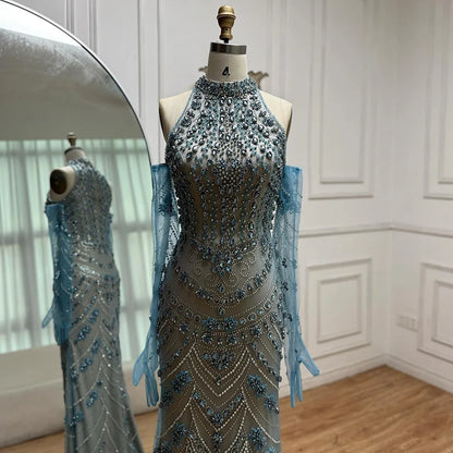 Luxury Dubai Arabic Blue Beaded Evening Dress with Gloves LA72760A - SERENE HILL