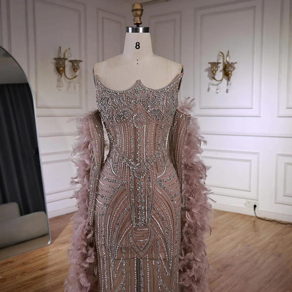 Luxury Caramel Beaded Evening Dress with Feather Sleeves LA73055 - SERENE HILL