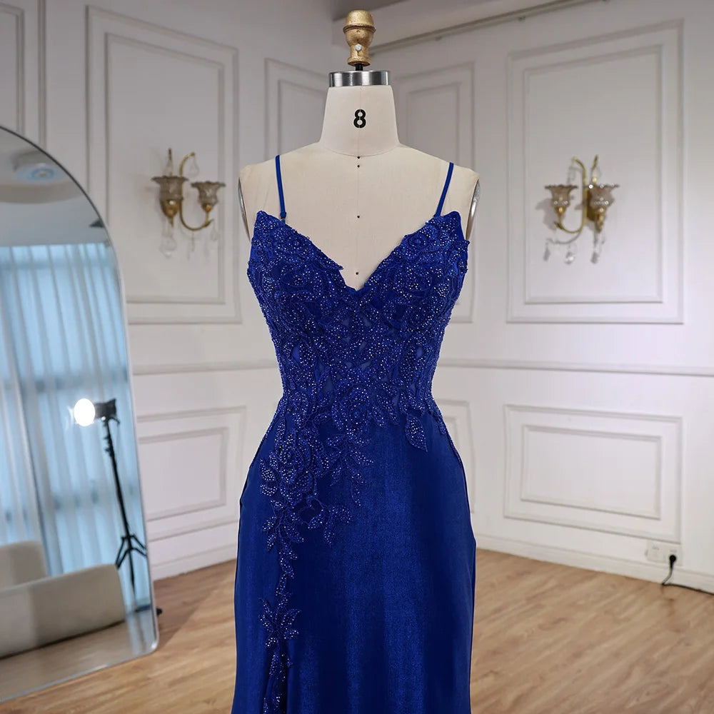 Luxury Navy Blue Lace Slit Prom Dress with Spaghetti Straps LA73041 - SERENE HILL