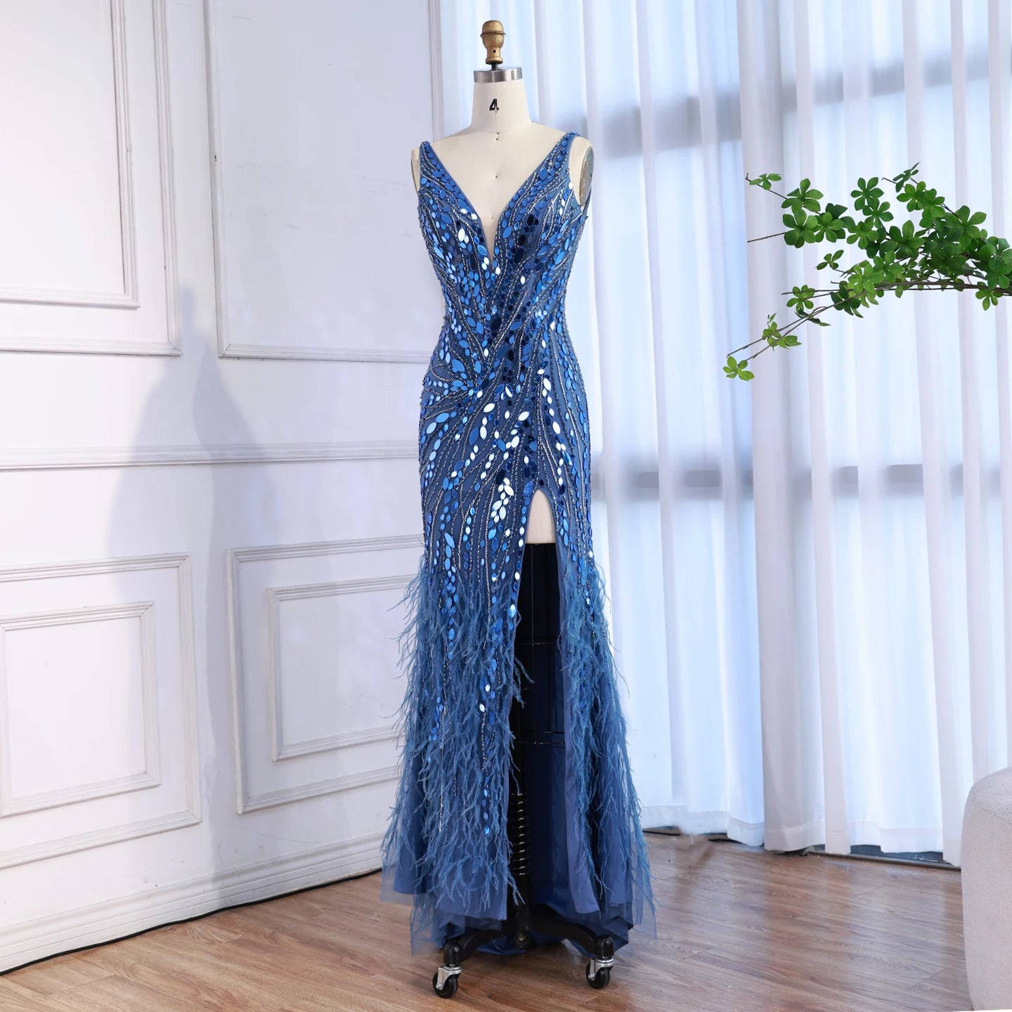 Luxury Blue Beaded Feather Mermaid Evening Dress LA73369 - SERENE HILL