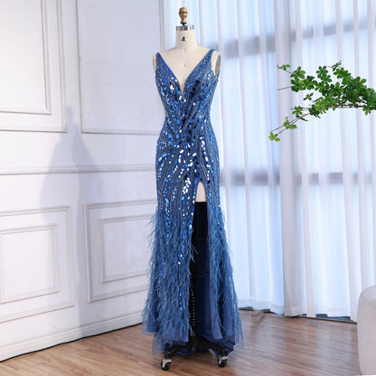 Luxury Blue Beaded Feather Mermaid Evening Dress LA73369 - SERENE HILL