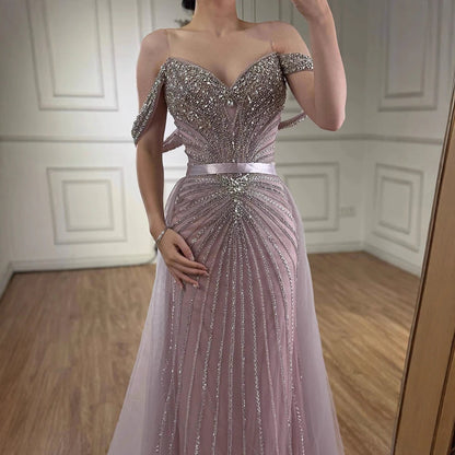 Luxury Nude Arabic Crystal Beaded Mermaid Off Shoulder Evening Dress LA73128 - SERENE HILL
