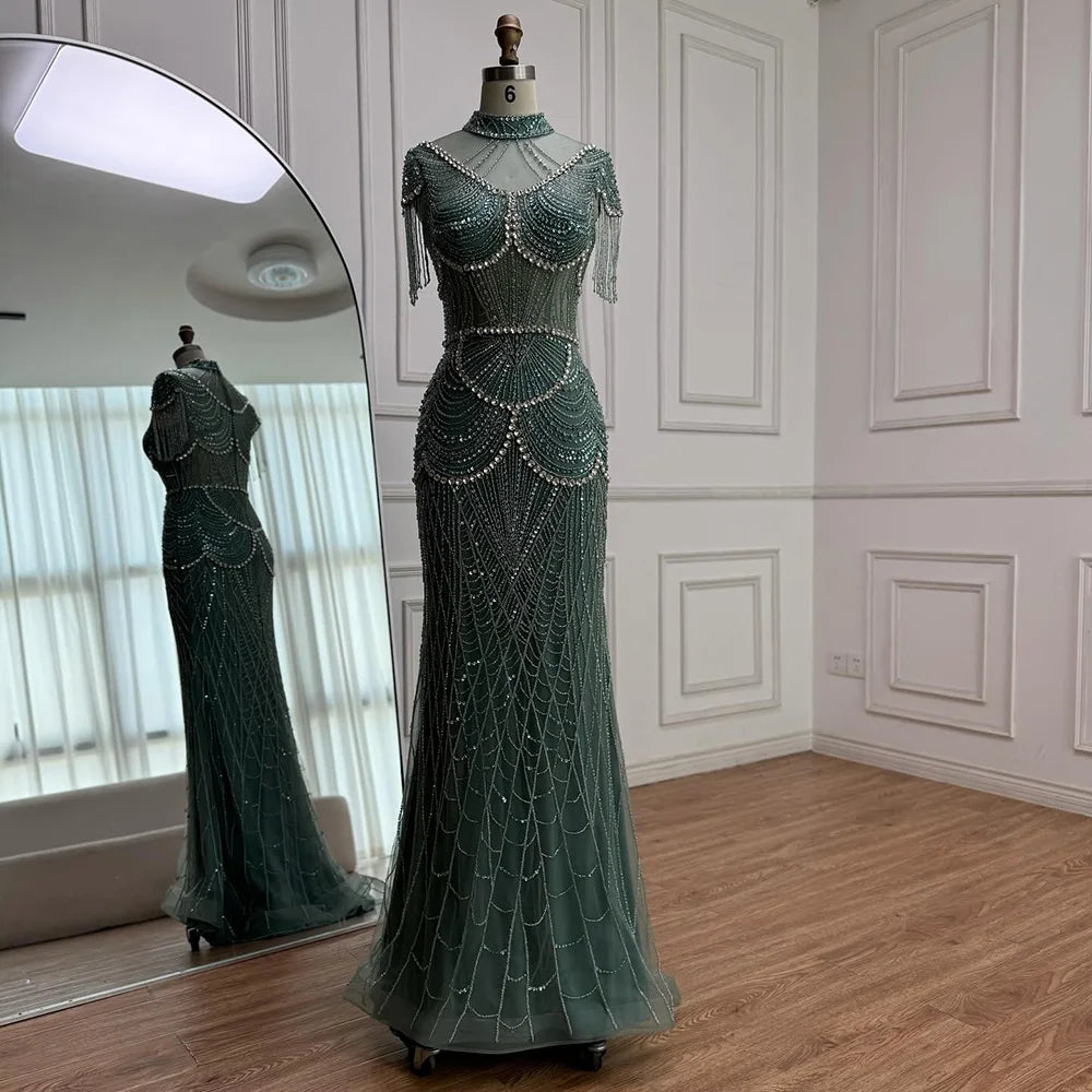 Luxury Turquoise High Neck Beaded Tassel Evening Dress for Women LA73112 - SERENE HILL
