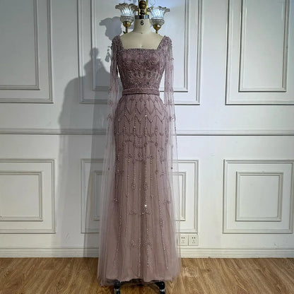 Luxury Arabic Caramel Beaded Evening Dress with Cape Sleeves LA72966A - SERENE HILL