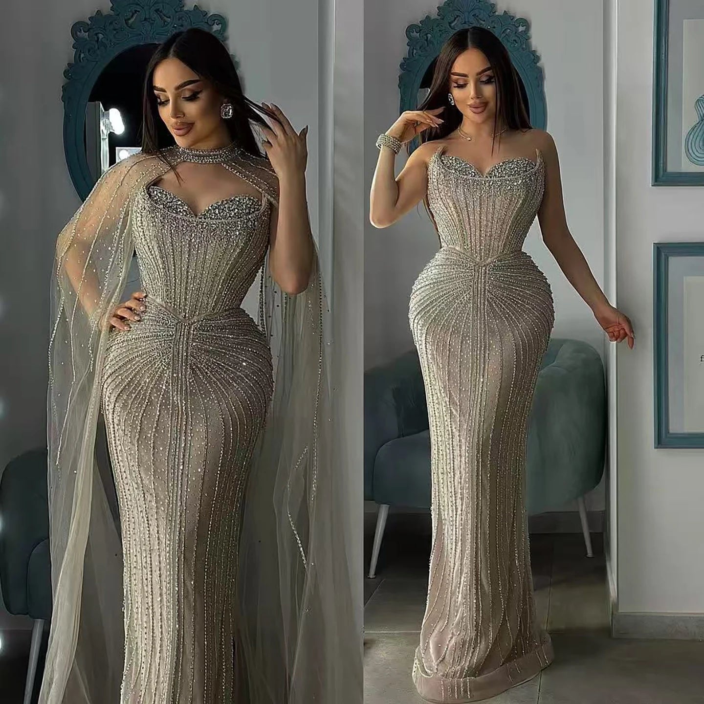 Luxury Dubai Caramel Beaded Evening Dress With Cape LA72811C - SERENE HILL