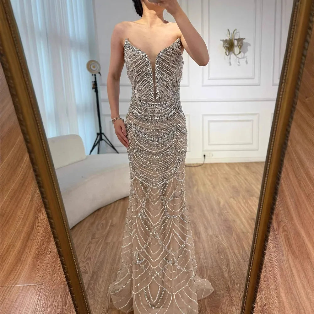 Luxury Nude Silver Beaded Evening Gown with Crystals LA72900 - SERENE HILL