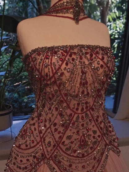 Luxury Wine Red Arabic Beaded A-Line Evening Dress LA73377 - SERENE HILL