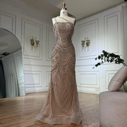 Luxury Dubai Elegant Nude One Shoulder Beaded Evening Dresses Gowns for Formal Occasion LA72791 - SERENE HILL