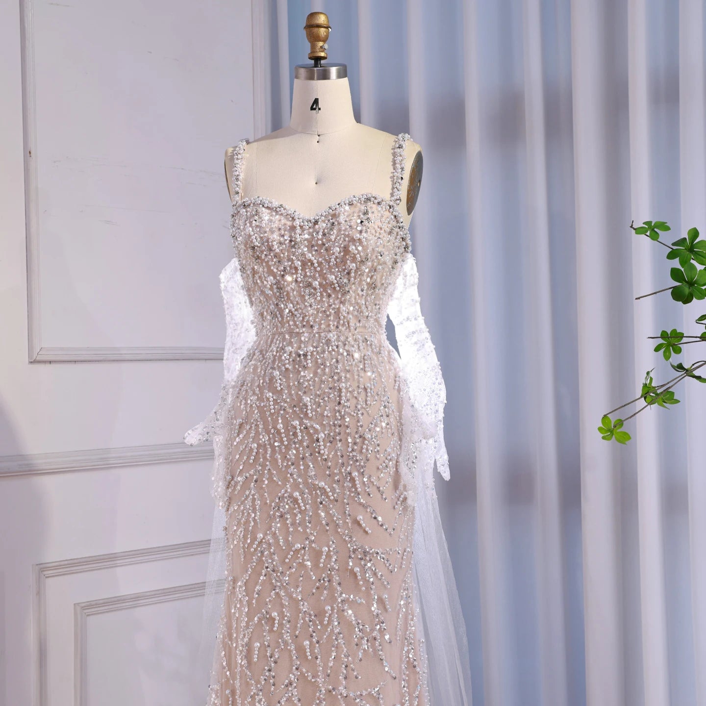 Luxury Lace Pearls Mermaid Evening Dress With Glove White Nude LA72345E - SERENE HILL