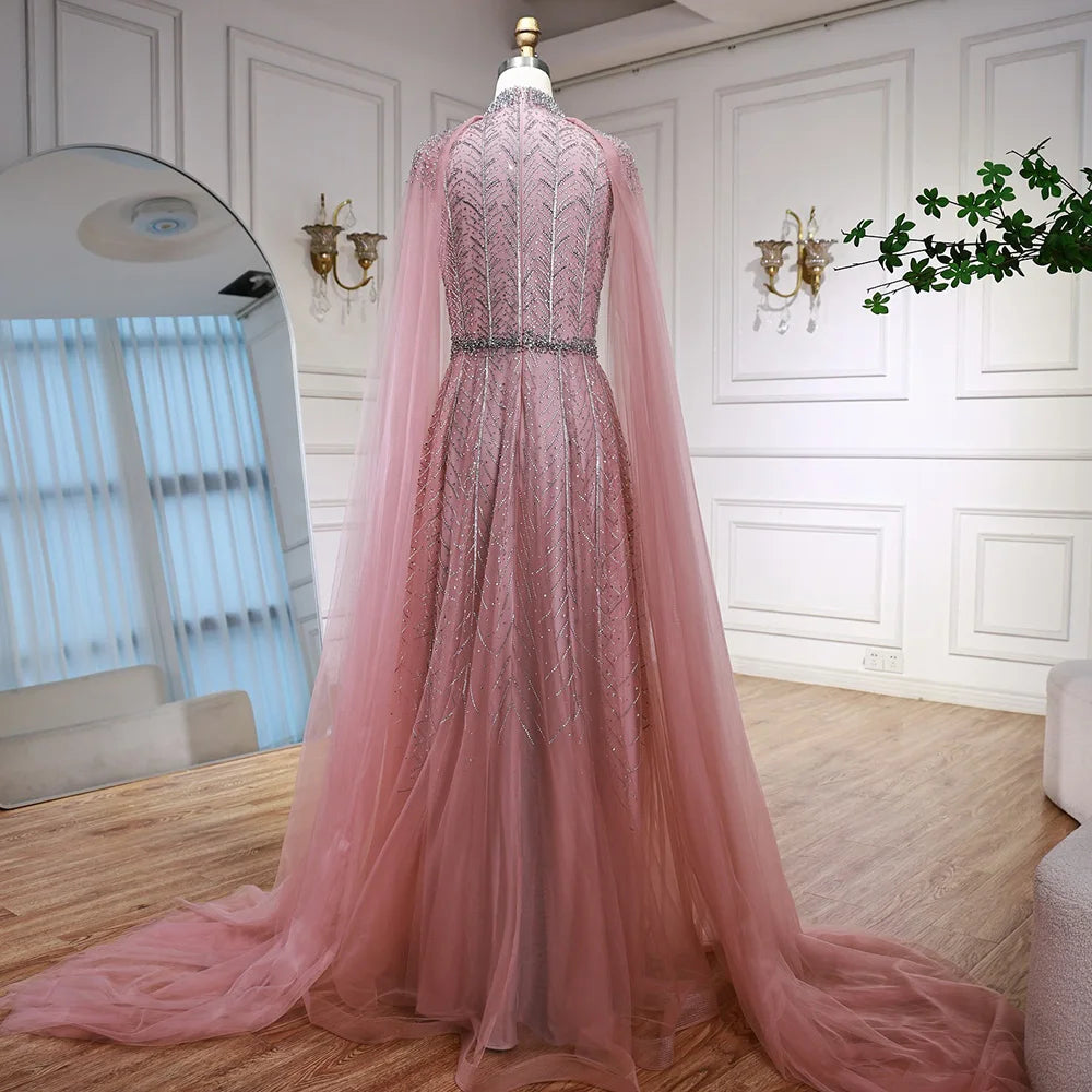 Luxury Elegant Pink Beaded Evening Dress with Cape LA73033 - SERENE HILL