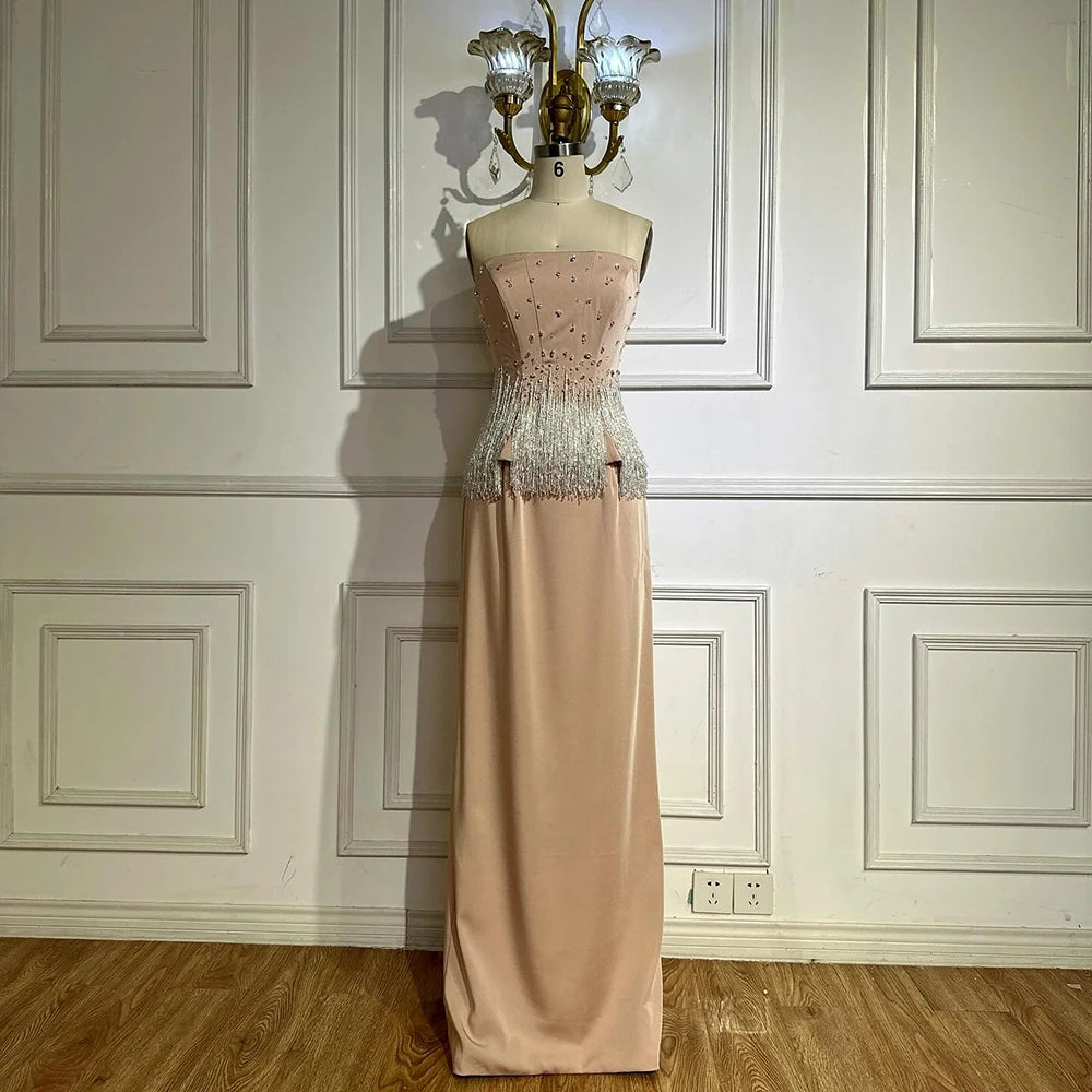 Luxury Dubai Saudi Nude Pink Arabic Mermaid Evening Dresses Gowns Beaded Tassel for Occasion LA72804 - SERENE HILL