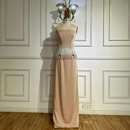 Luxury Dubai Saudi Nude Pink Arabic Mermaid Evening Dresses Gowns Beaded Tassel for Occasion LA72804 - SERENE HILL