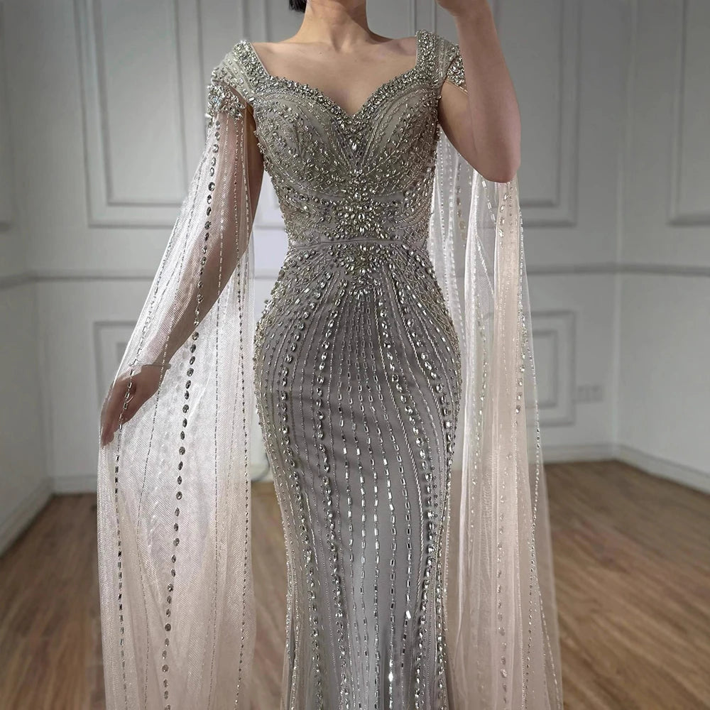 Luxury Arabic Nude Beaded Evening Dress with Cape Sleeves LA73181 - SERENE HILL