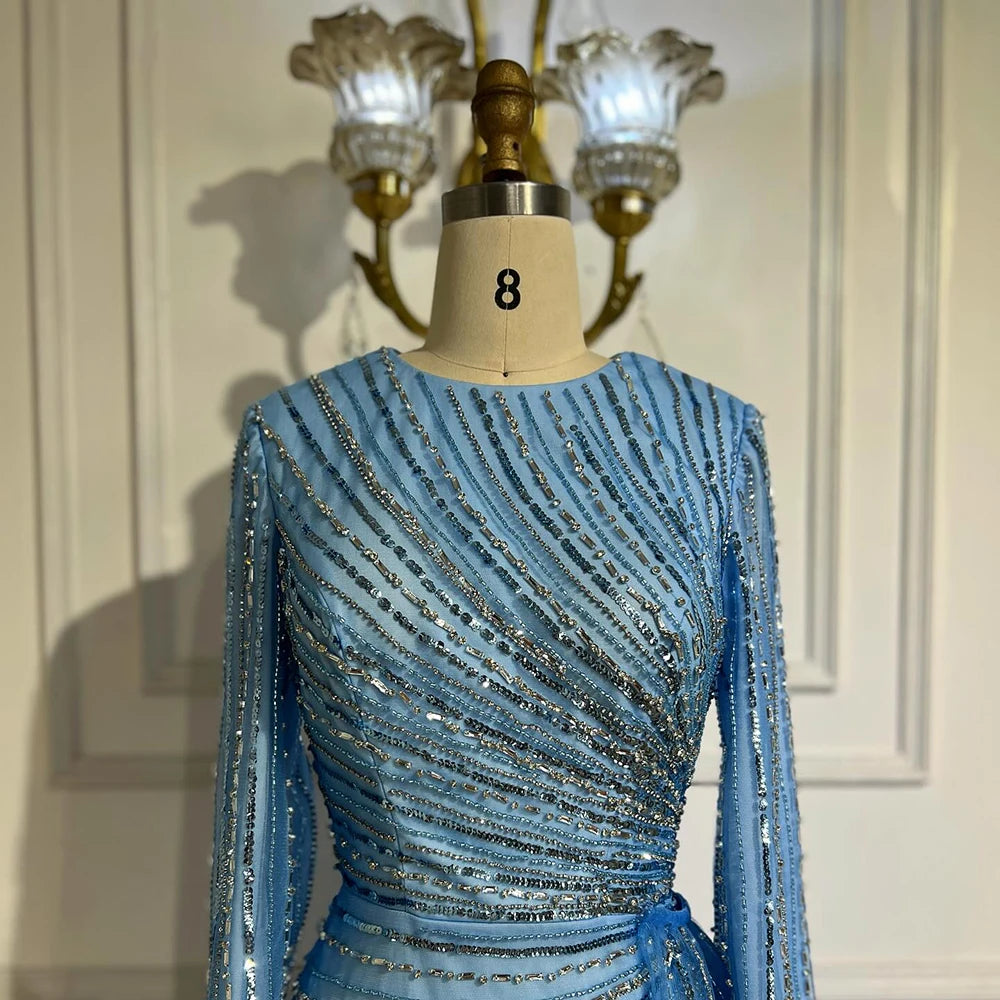 Luxury Dubai Arabic Elegant Blue Beaded Saudi Evening Dresses Gowns for Formal Occasion LA72822 - SERENE HILL