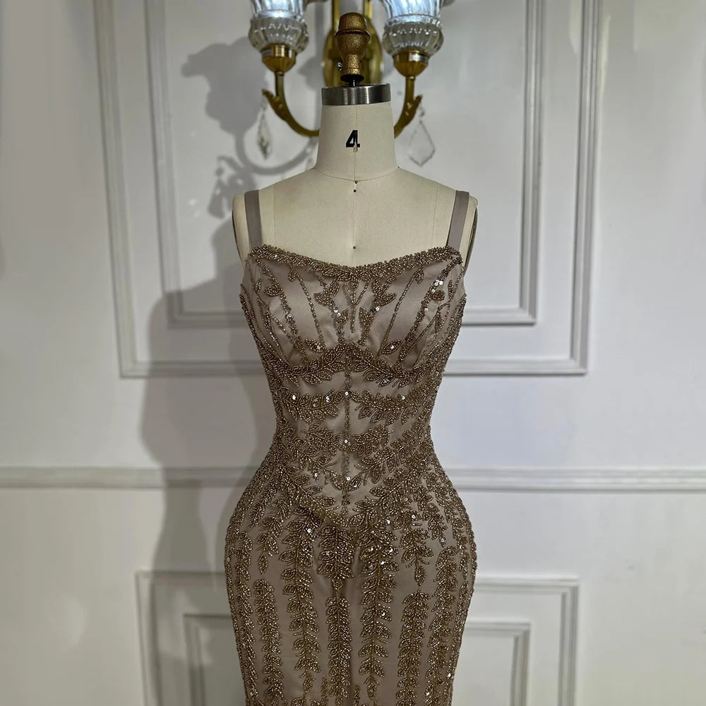 Luxury Arabic Blue Spaghetti Strap Mermaid Evening Dress Beaded LA72725 - SERENE HILL