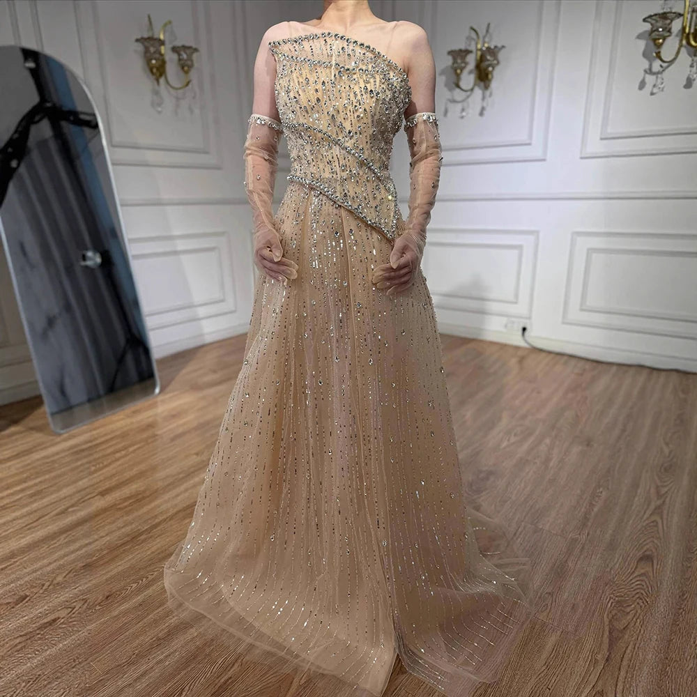 Luxury Nude Crystal Beaded A-Line Evening Dress with Split LA72949 - SERENE HILL