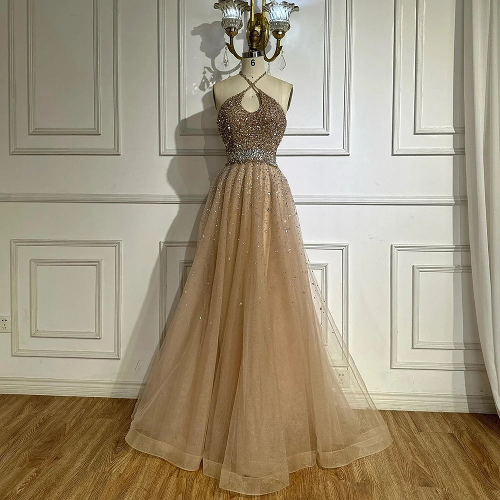 Caramel Halter Beaded Tulle A-Line Evening Gown Dubai Saudi LA72863 - SERENE HILL