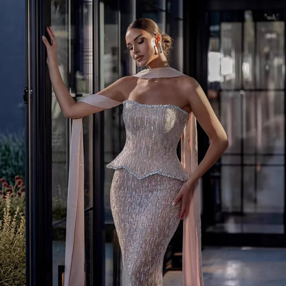 Luxury Nude 2 Pieces Pearl Sequin Evening Dress with Scarf LA73076A - SERENE HILL