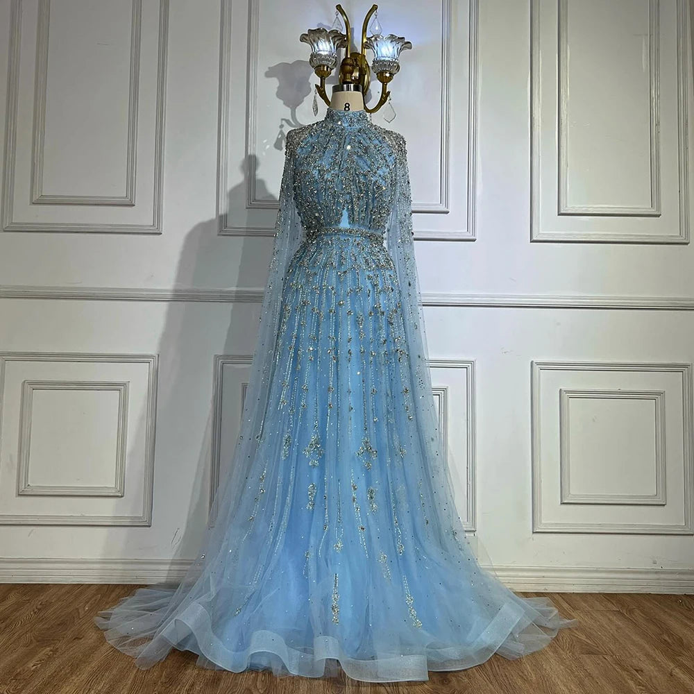 Luxury Blue Beaded A-Line Evening Gown with Cape Sleeves LA71803G - SERENE HILL
