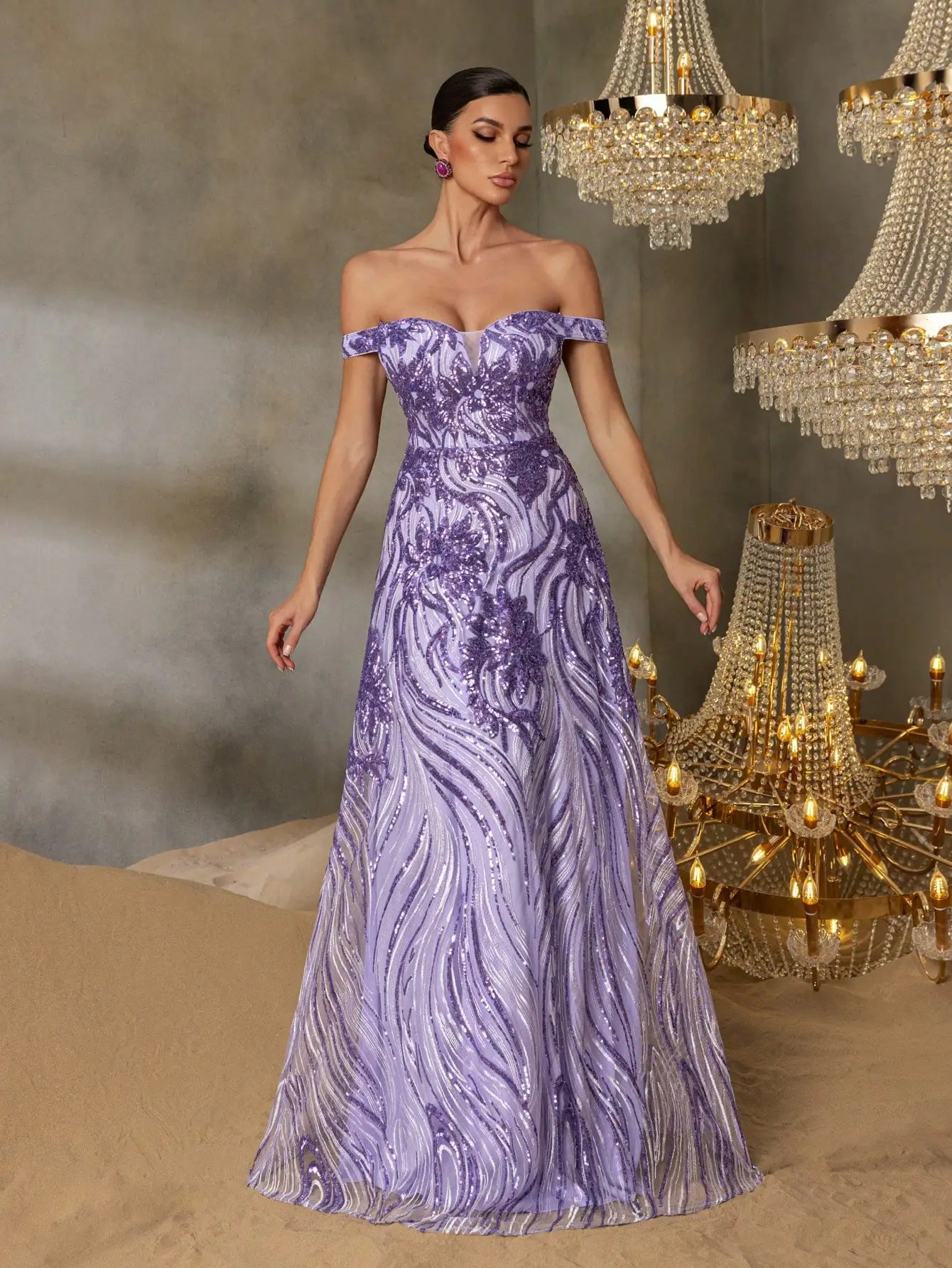 evening dress lilac Luxury Tassel Lilac Off Shoulder Evening Dress with Cape SS708 Blue / 18