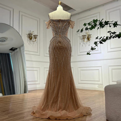 Saudi Arabic Off Shoulder Nude Beaded Tulle Mermaid Evening Gown LA72854 - SERENE HILL